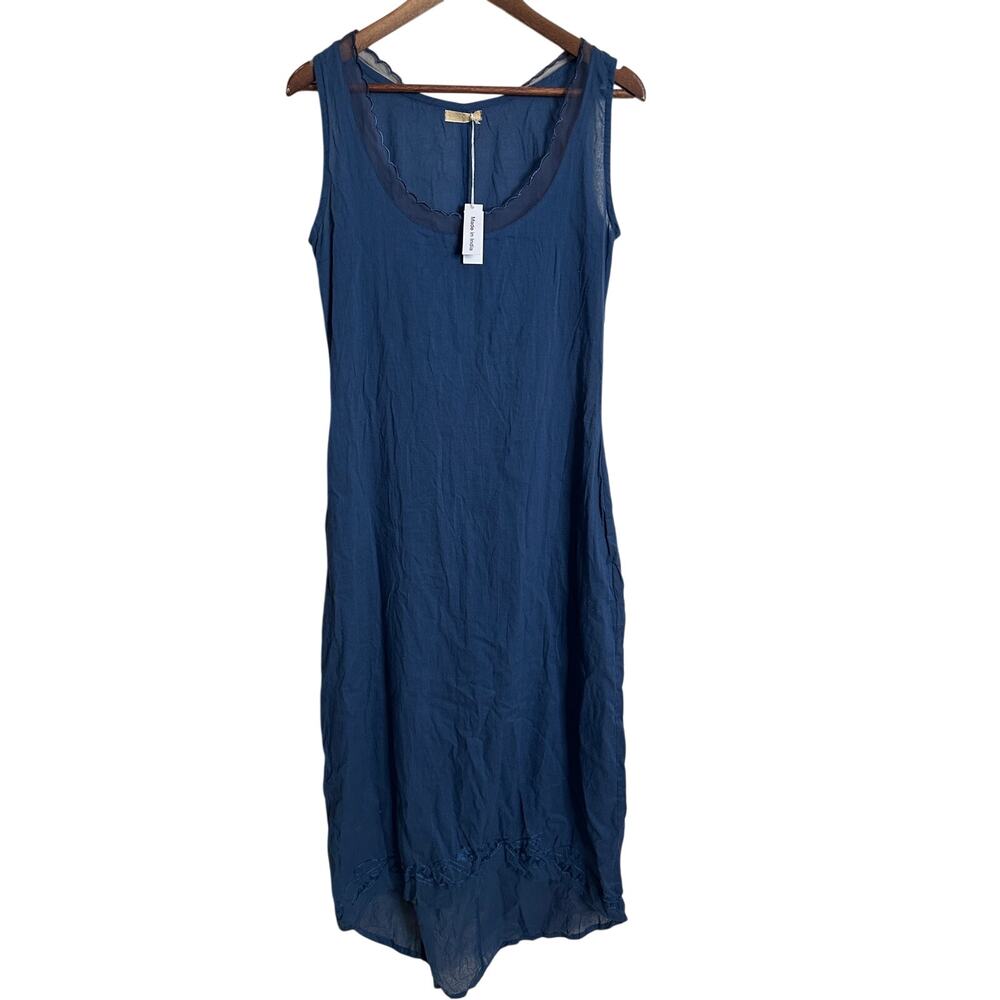 Nataya Sleeveless Cotton Mesh Trim Embroidered Midi Dress Royal Blue size 6 NWT